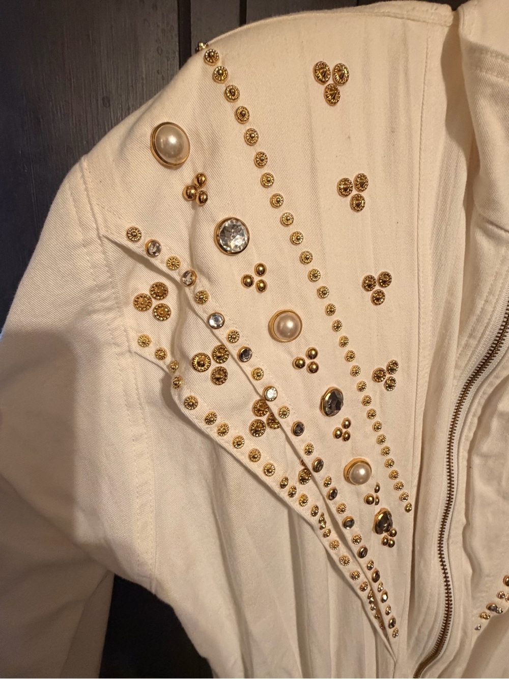 Vintage 80s Avalin White Denim Jumpsuit Studded Pearls Large Retro - Picture 2 of 5